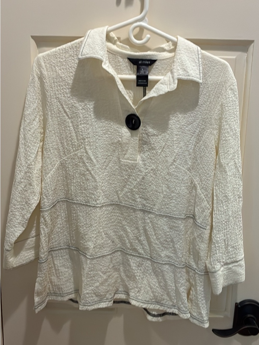 Ali Miles Cream Textured Pull-Over Top with Black Button